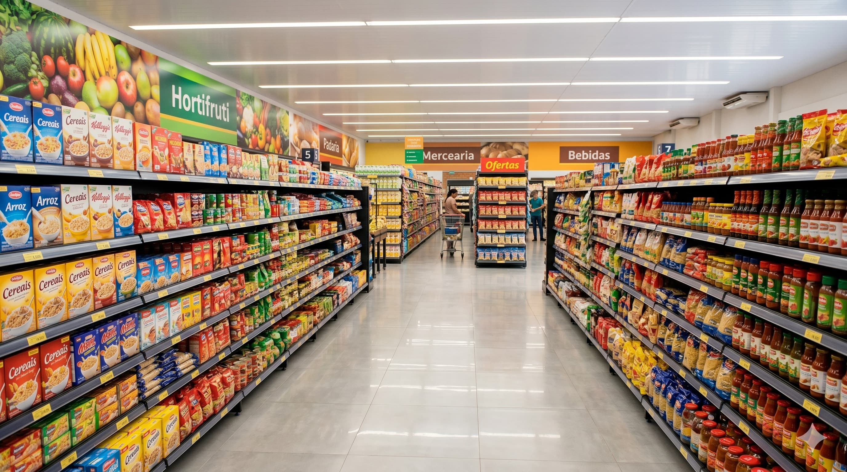 Corredor de supermercado com prateleiras de produtos
